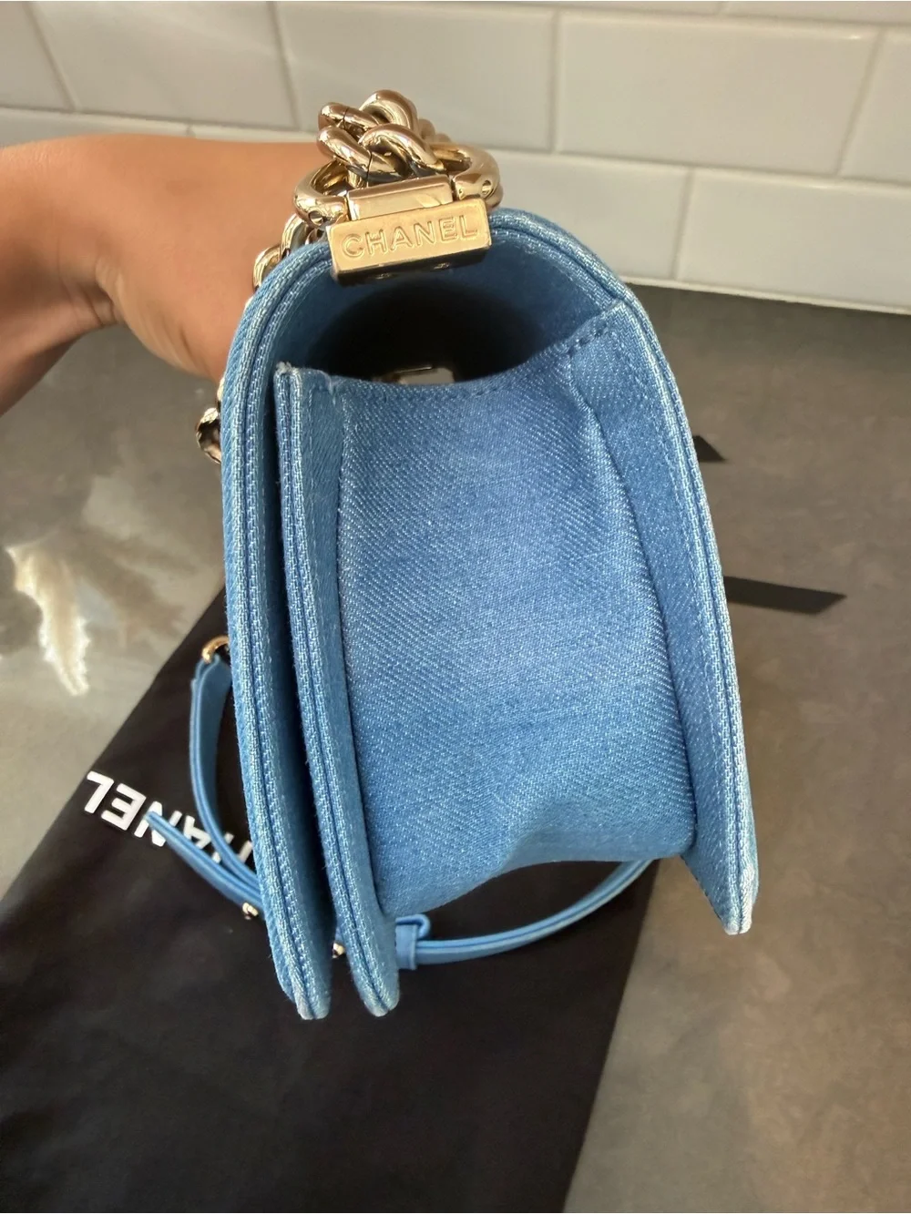 CHANEL Pleated Blue Denim Small Boy Bag with Champagne Gold Hardware